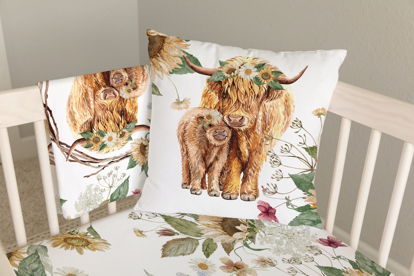 Sunflower Highland Cow Crib Bedding