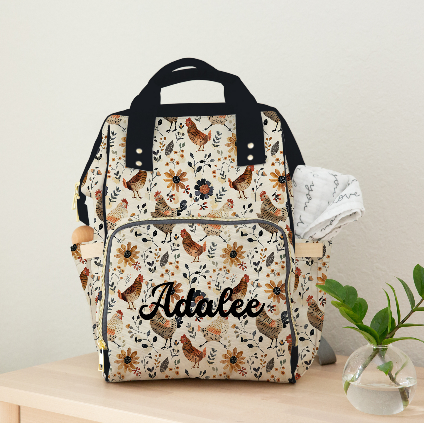 PERSONALIZED DIAPER BAG BACKPACK | FARMHOUSE CHICKEN FLORAL