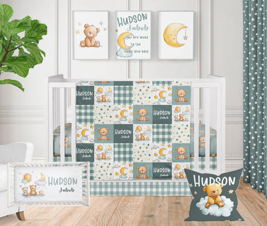 CRIB BEDDING - TEDDY BEAR MOON AND STARS DARK SAGE