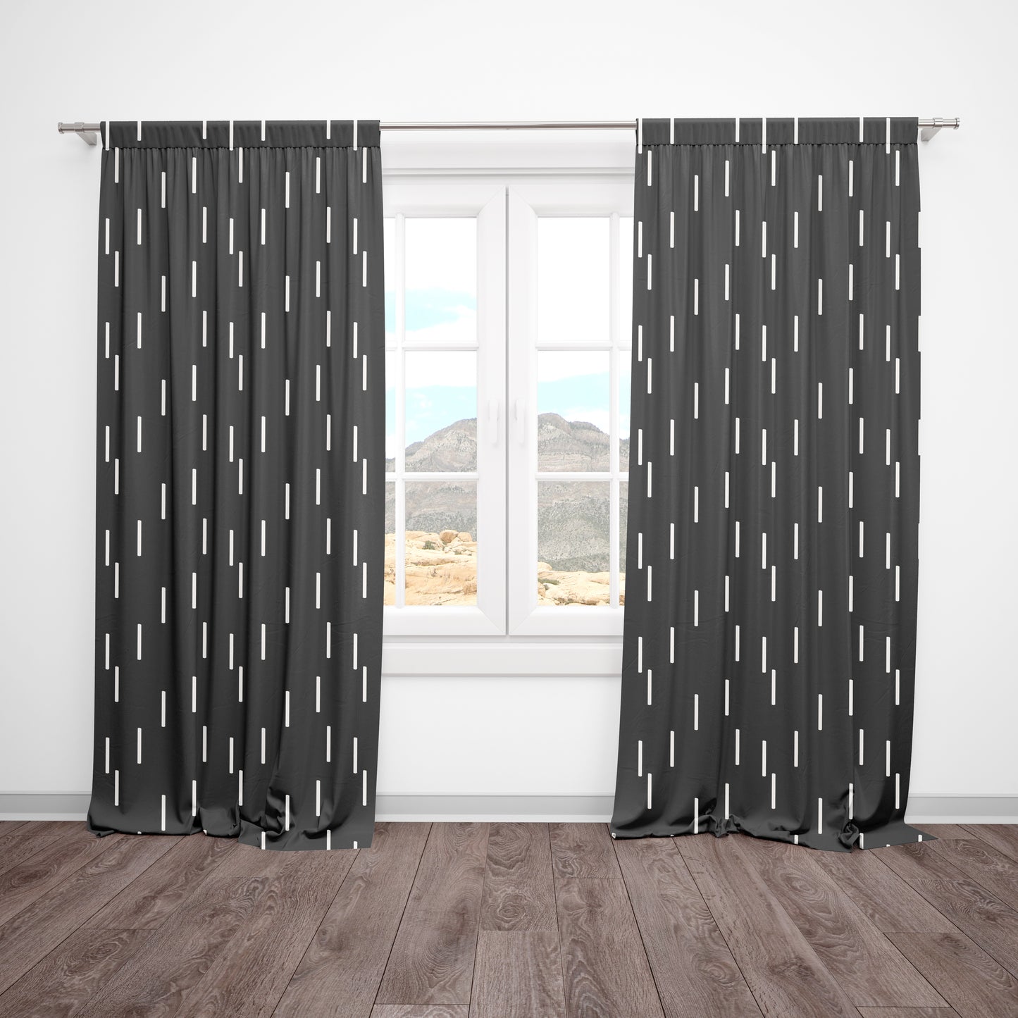 Black blackout curtains with white dash pattern in modern nursery setting