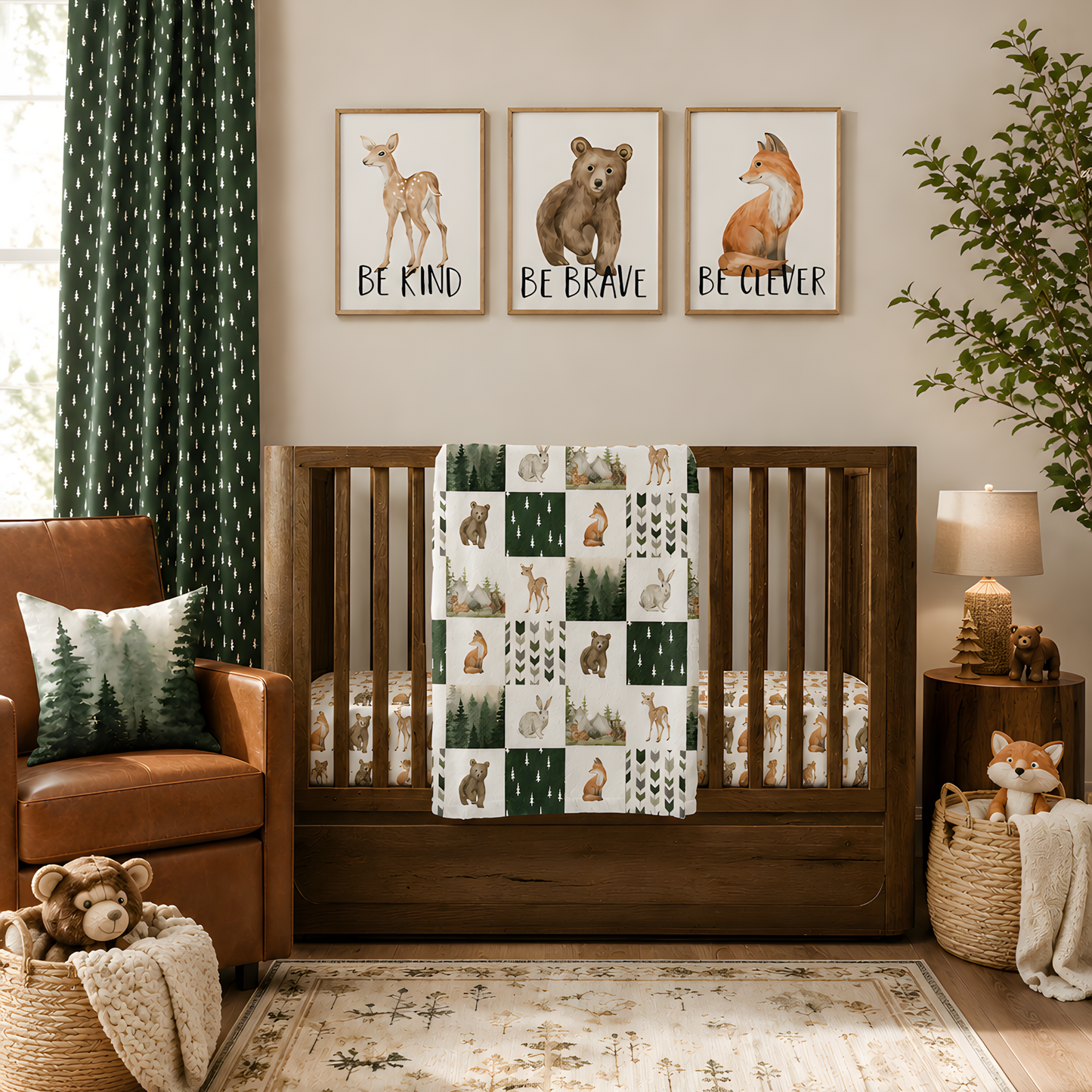CRIB BEDDING - WOODLAND FOREST ANIMALS IN DARK GREEN