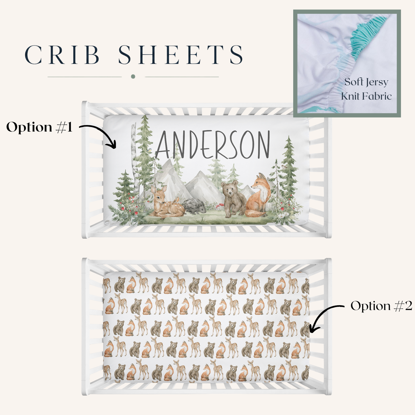 CRIB BEDDING - WOODLAND FOREST ANIMALS IN DARK GREEN