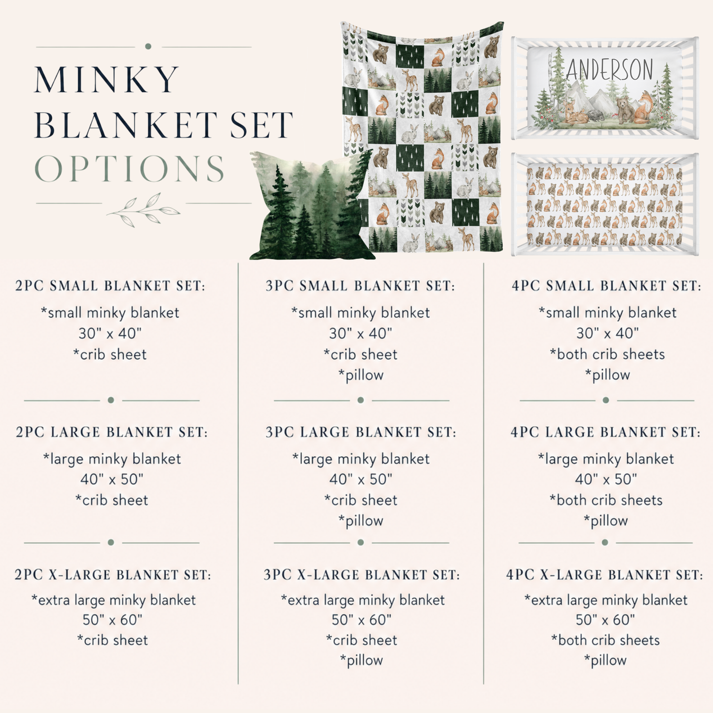CRIB BEDDING - WOODLAND FOREST ANIMALS IN DARK GREEN