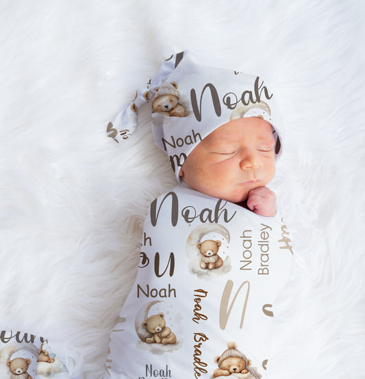 Personalized teddy bear swaddle and hat set with moon and stars design, custom name baby wrap for newborns.