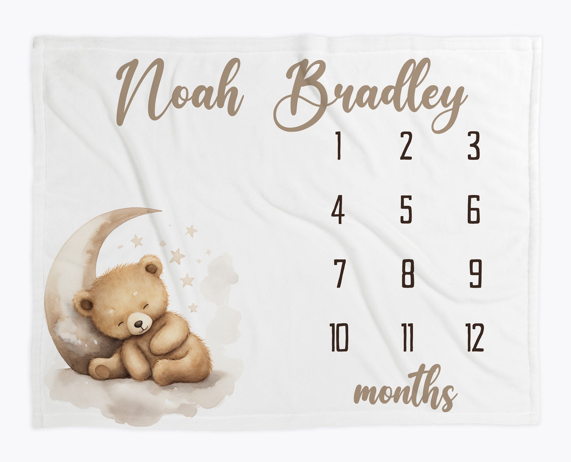 Personalized teddy bear milestone blanket with moon and stars design and numbered months for baby photo tracking.