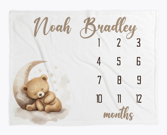 Personalized teddy bear milestone blanket with moon and stars design and numbered months for baby photo tracking.