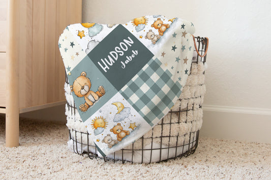 CUDDLE BLANKET - TEDDY BEAR MOON AND STARS DARK SAGE