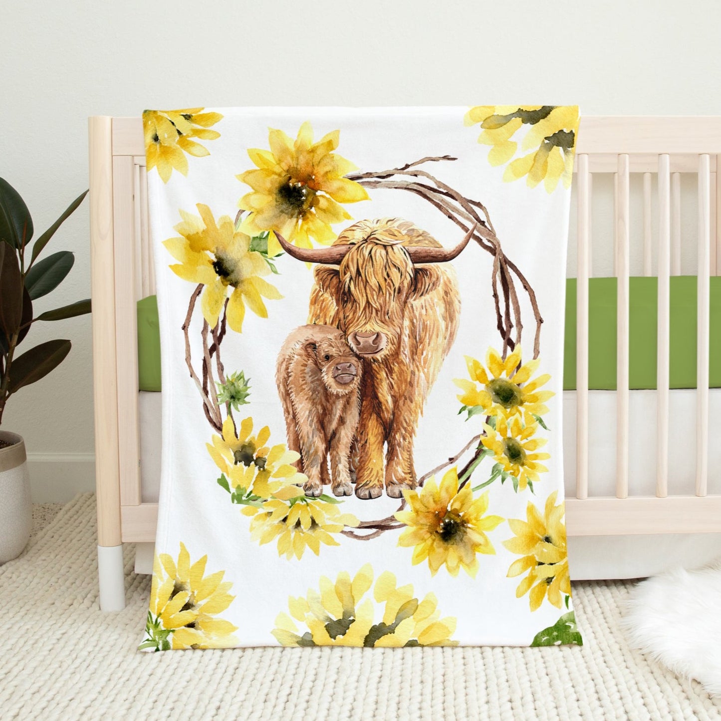 CRIB BEDDING I HIGHLAND COW BRIGHT SUNFLOWERS