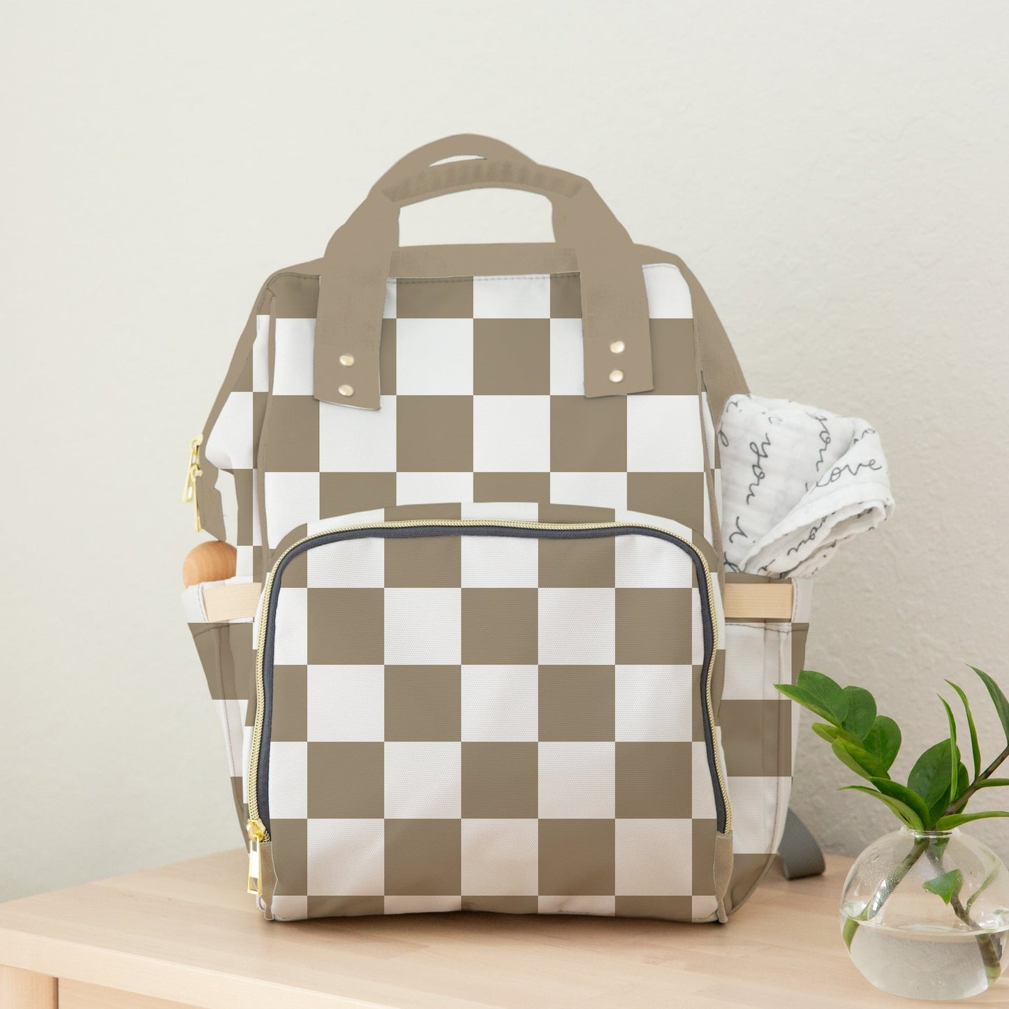 Tan Checkered Diaper Bag Backpack