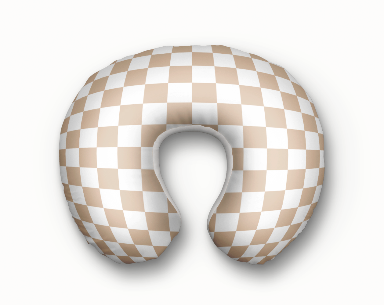Neutral beige and white checkerboard boppy pillow cover for modern baby nursery decor.