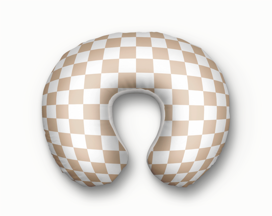 Neutral beige and white checkerboard boppy pillow cover for modern baby nursery decor.