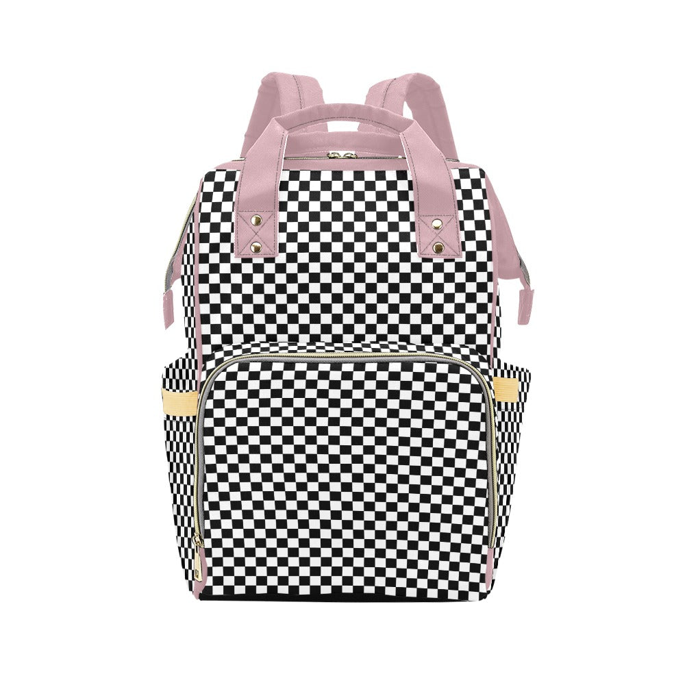 DIAPER BAG BACKPACK | BLACK CHECKERED PINK HANDLE