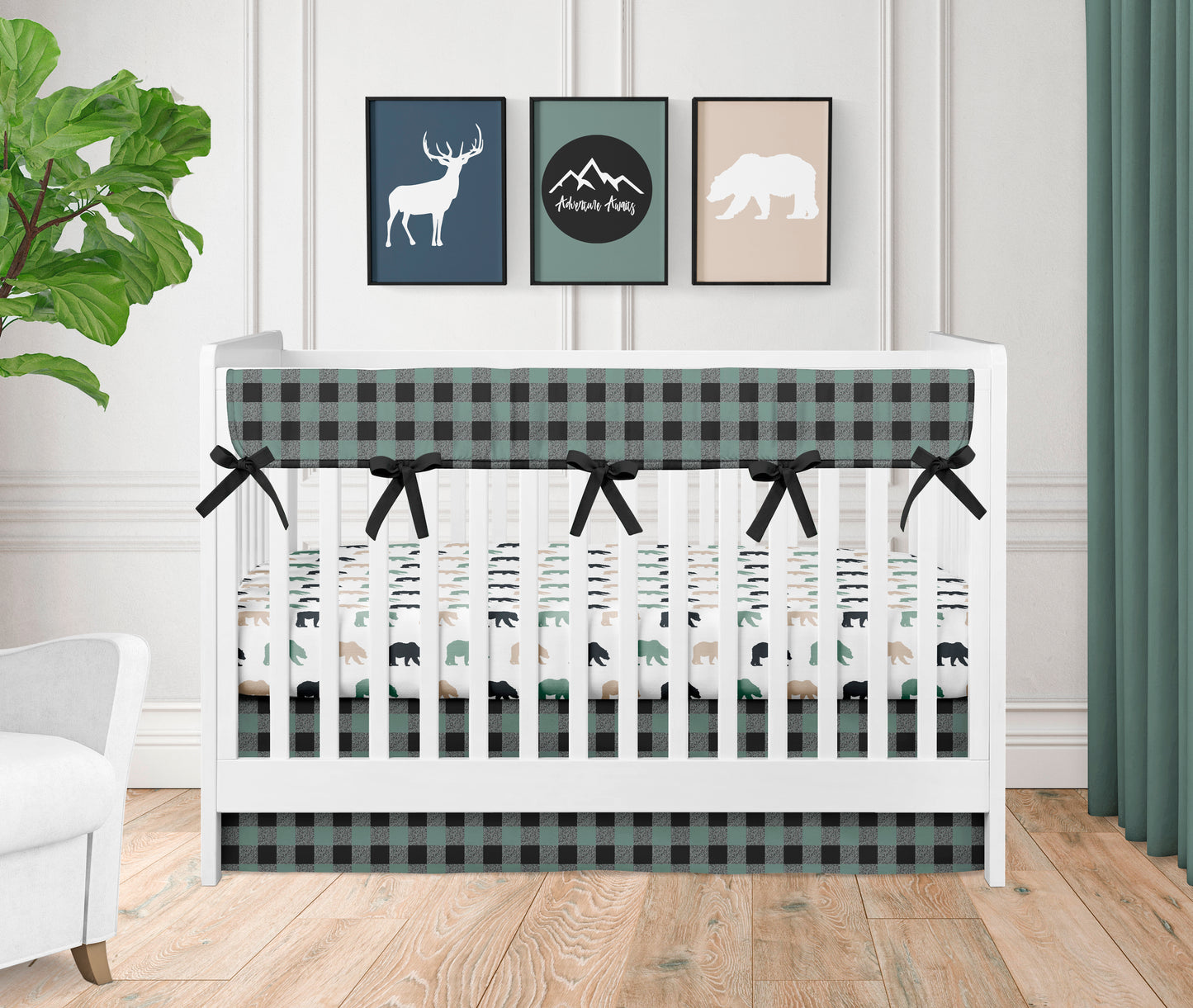 CRIB BEDDING - WOODLAND GREEN & BLACK DEER - RESERVED