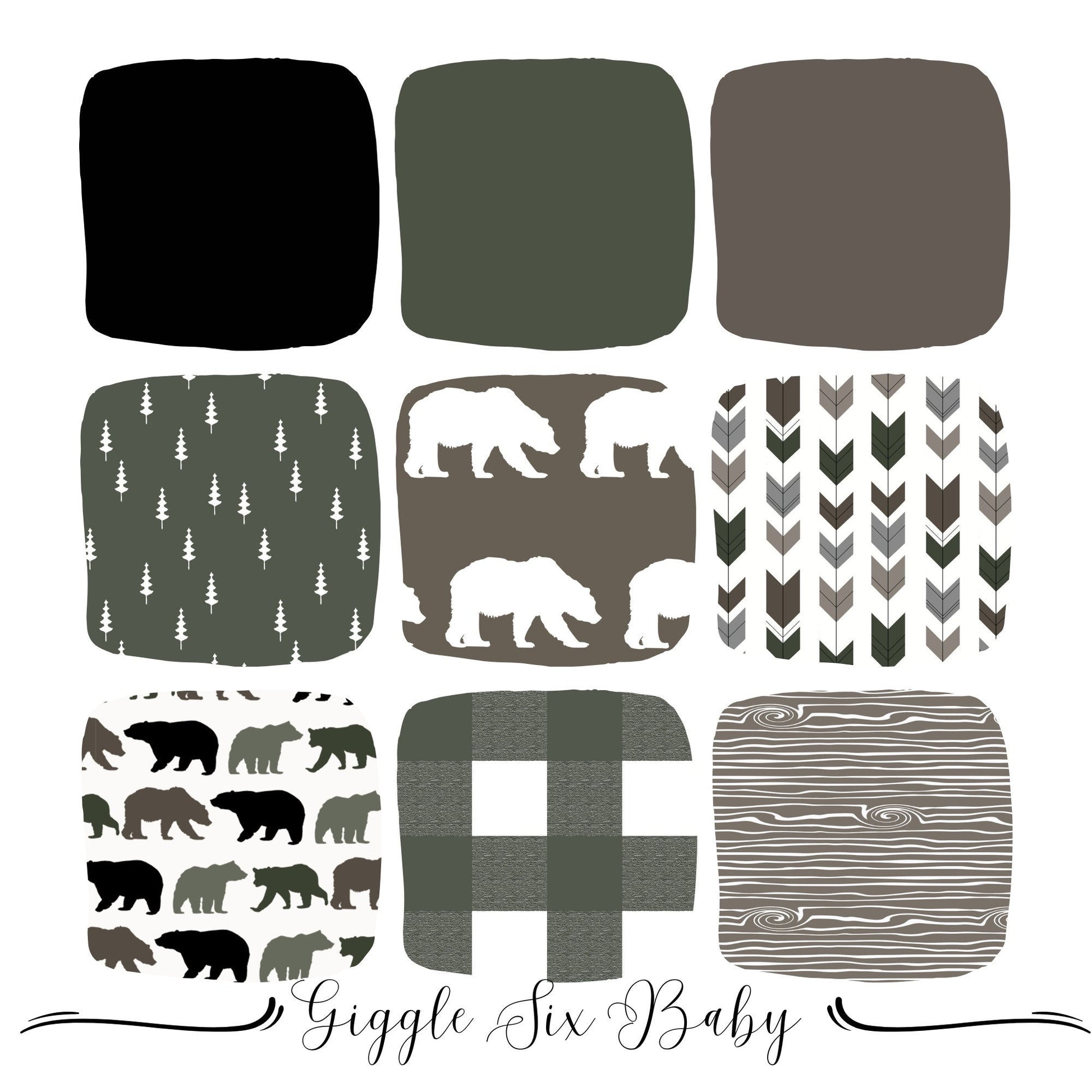 Bear Crib Bedding Pattern Options, Woodland Baby Boy Nursery Bedding, Mix and Match Custom Baby Bedding, Green Brown and Black Nursery