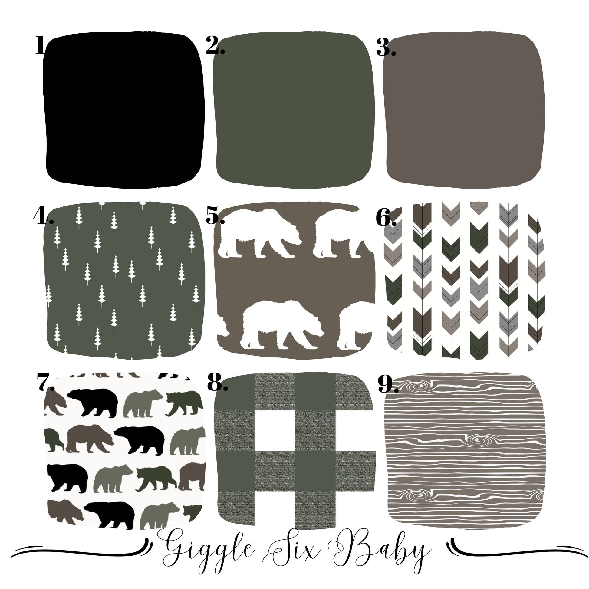 Bear Crib Bedding Pattern Options, Woodland Baby Boy Nursery Bedding, Mix and Match Custom Baby Bedding, Green Brown and Black Nursery