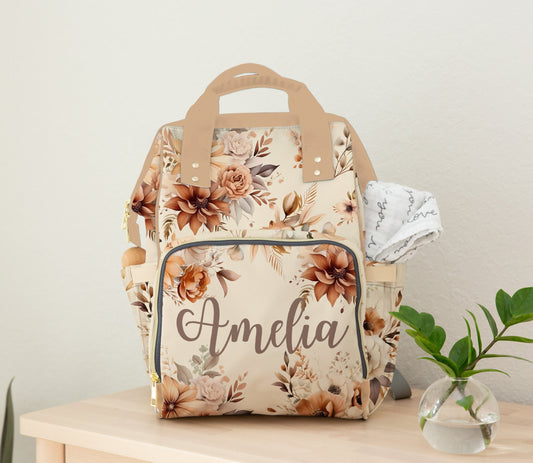 Diaper Bag Backpack Baby Girl in Neutral Florals, Personalized Diaper Bag, Cream Tan Brown Flower Daycare Diaper Bag with Name, Shower Gift