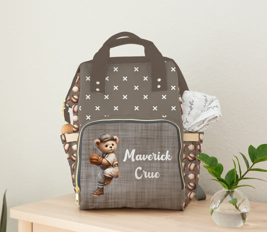 Baseball Diaper Bag in a teddy bear theme with personalization on the front pocket