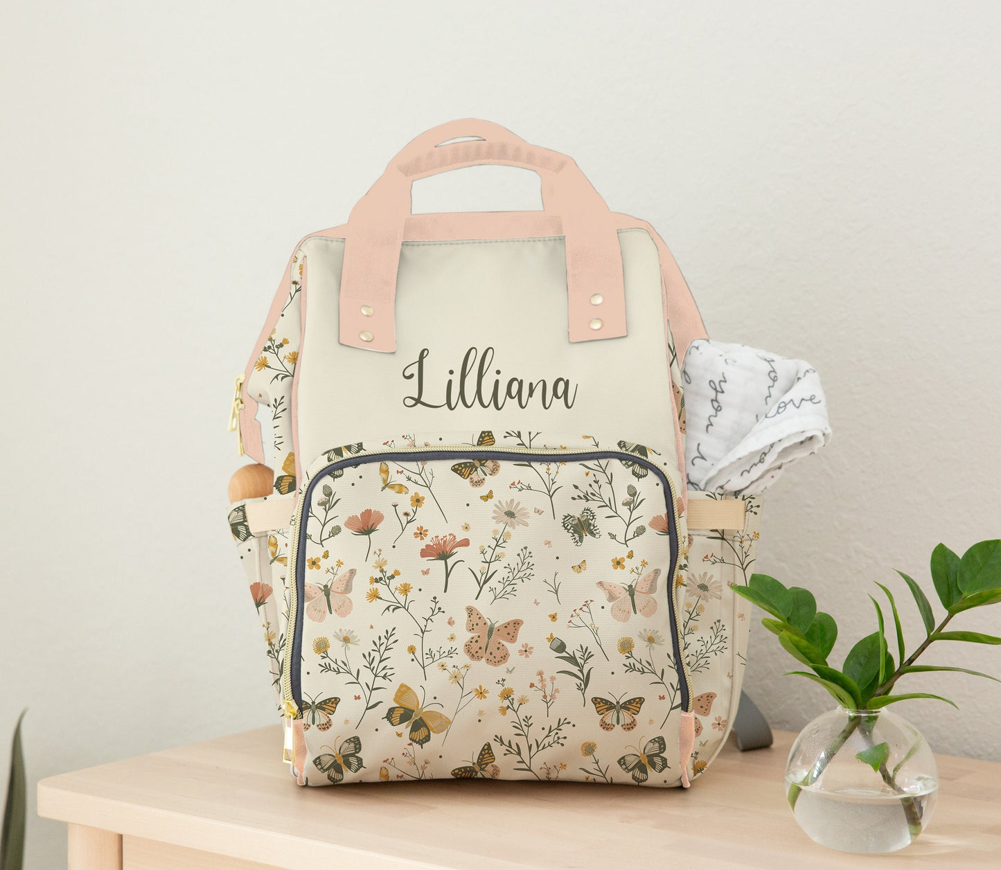 Personalized Baby Girl Diaper Bag Backpack - Butterfly Design - Wildflower Baby Bag - Custom Name - Stylish & Practical Mom Bag
