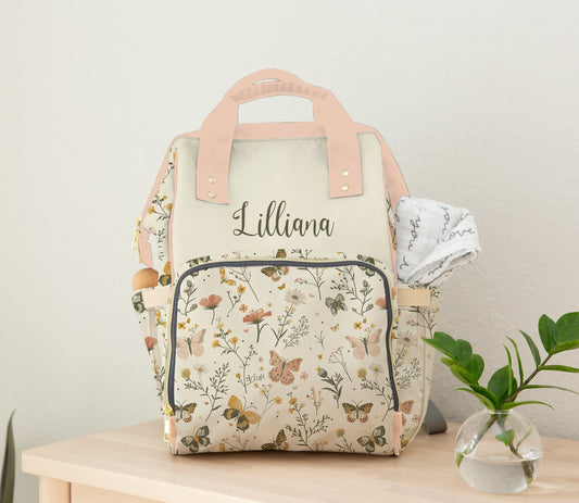 Personalized Baby Girl Diaper Bag Backpack - Butterfly Design - Wildflower Baby Bag - Custom Name - Stylish & Practical Mom Bag