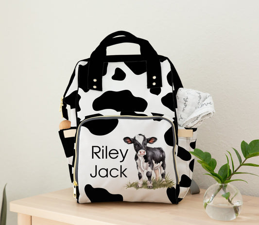 Cow print diaper bag backpack with personalization