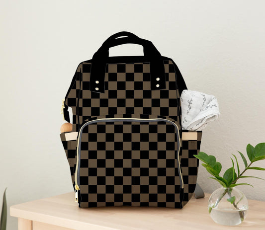 Black and Tan Checker Backpack Diaper Tote Bag