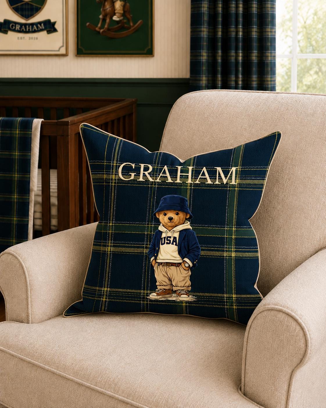 Preppy Bear Nursery Crib Bedding Set, Teddy Bear Baby Bedding, Personalized Crib Sheets, Blanket and Pillow