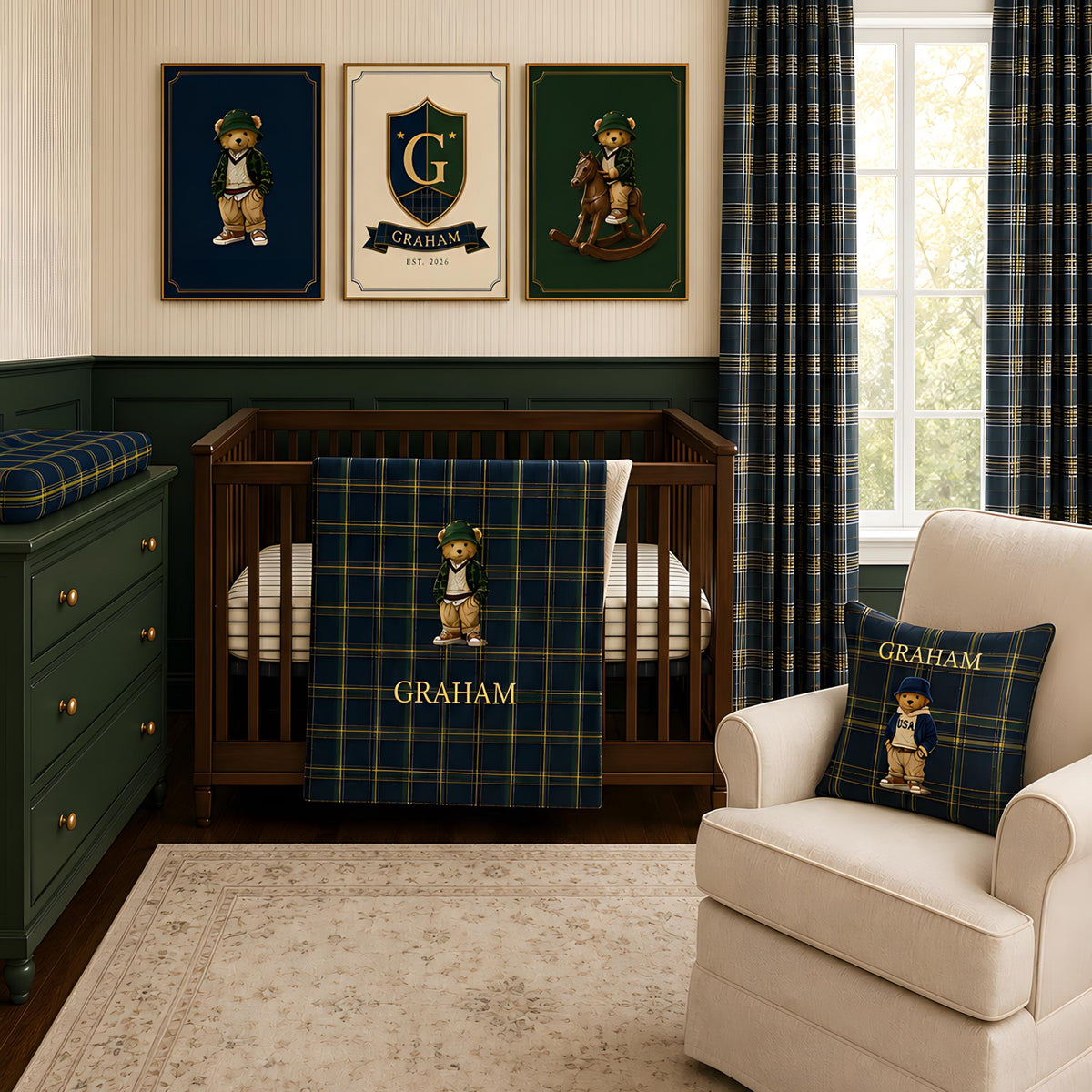Preppy Bear Nursery Crib Bedding Set, Teddy Bear Baby Bedding, Personalized Crib Sheets, Blanket and Pillow