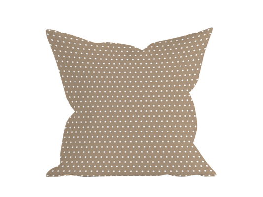 Beige and white polka dot throw pillow cover for neutral baby nursery or kids’ room decor.