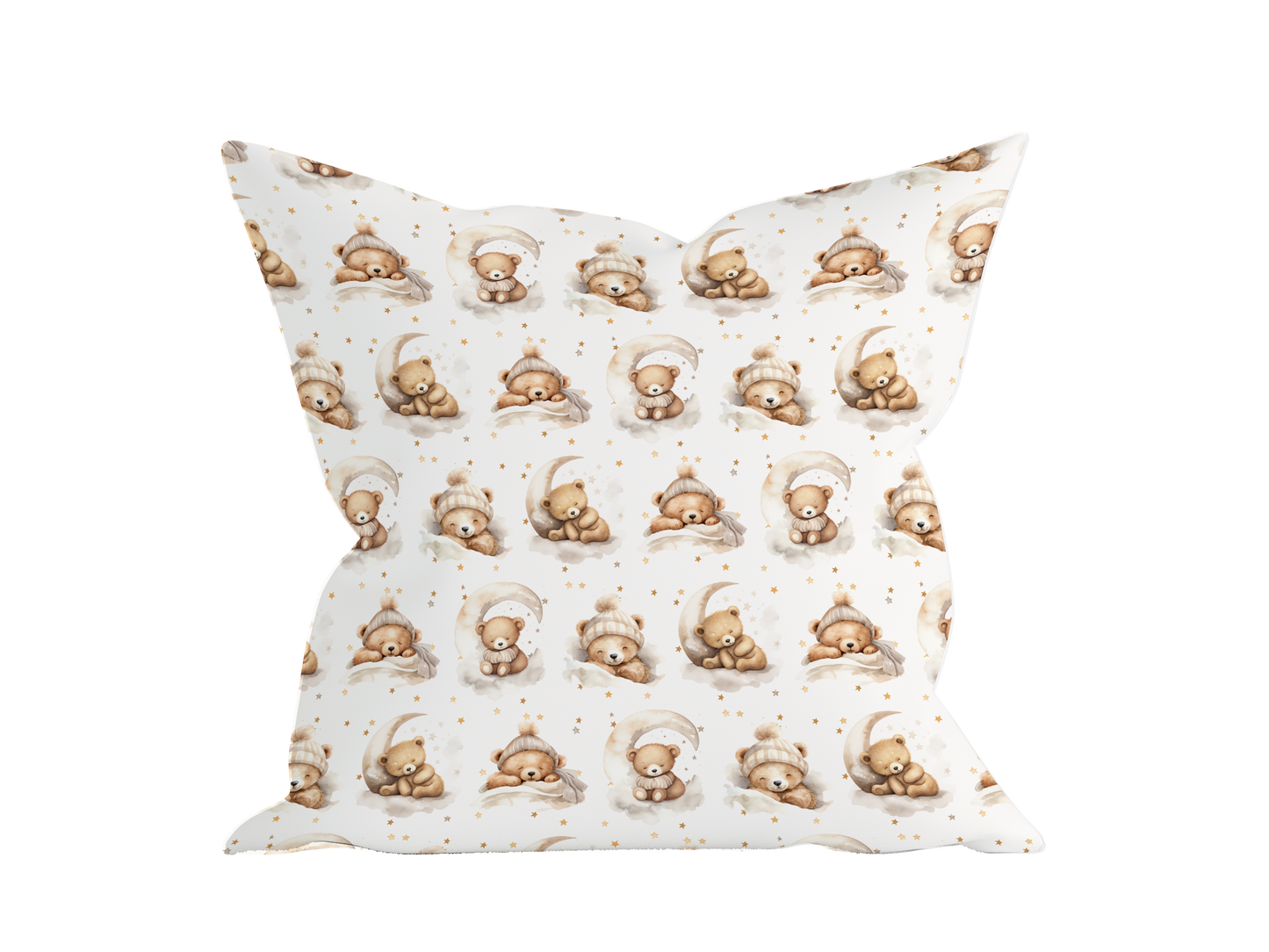 Teddy bear throw pillow cover with moon and stars print for soft, cozy, neutral baby nursery decor.