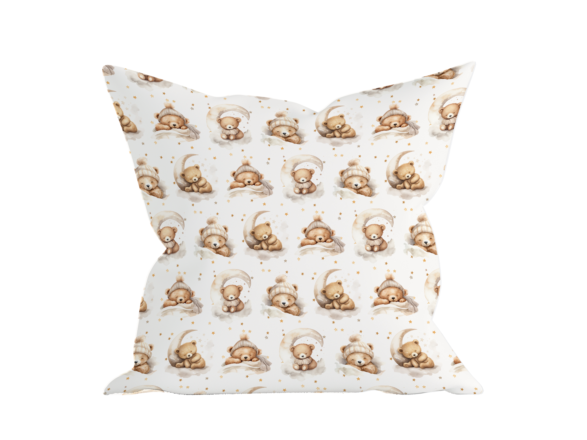 Teddy bear throw pillow cover with moon and stars print for soft, cozy, neutral baby nursery decor.