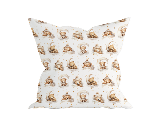 Teddy bear throw pillow cover with moon and stars print for soft, cozy, neutral baby nursery decor.