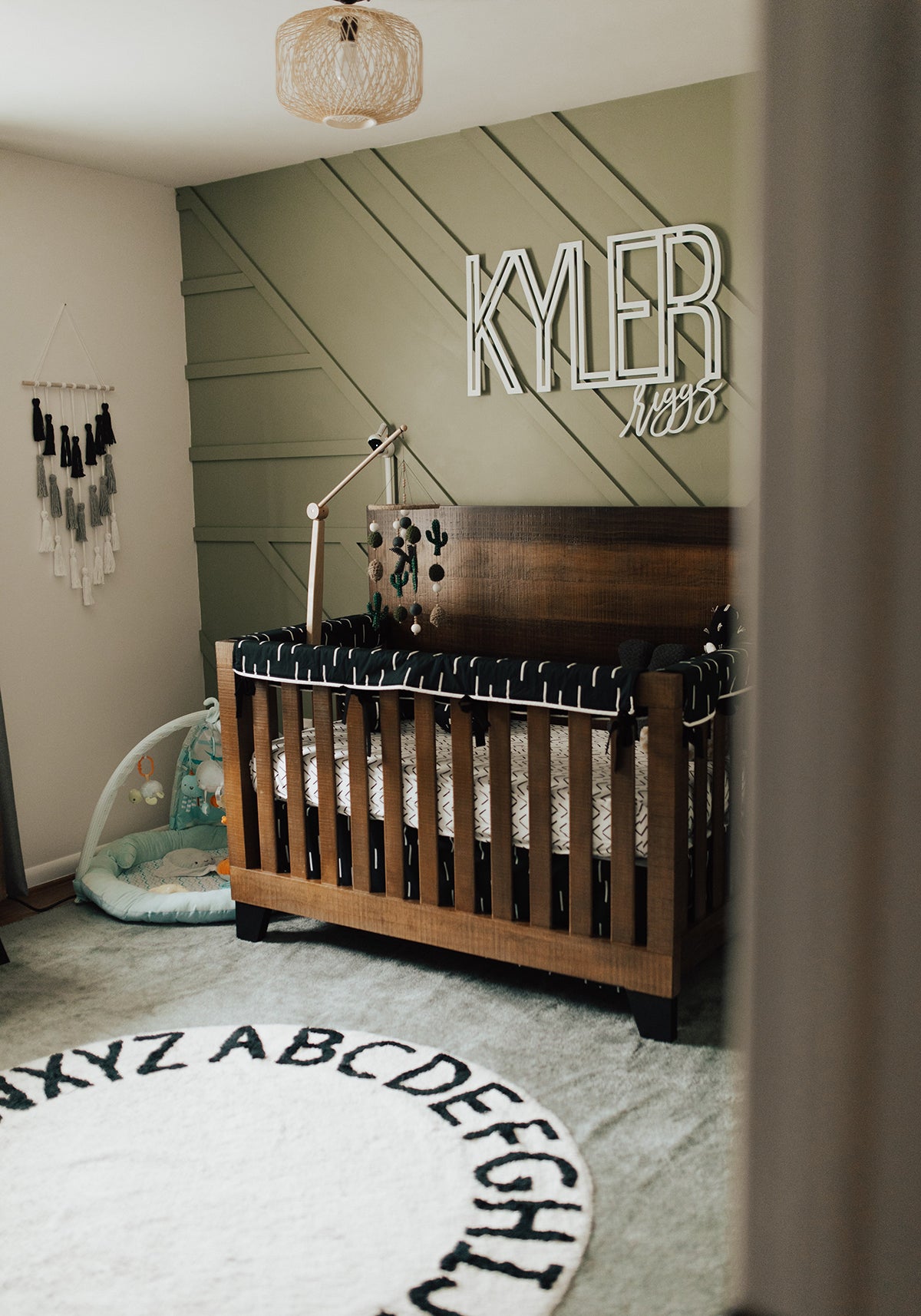 Green and Gray Mudcloth Boho Crib Bedding