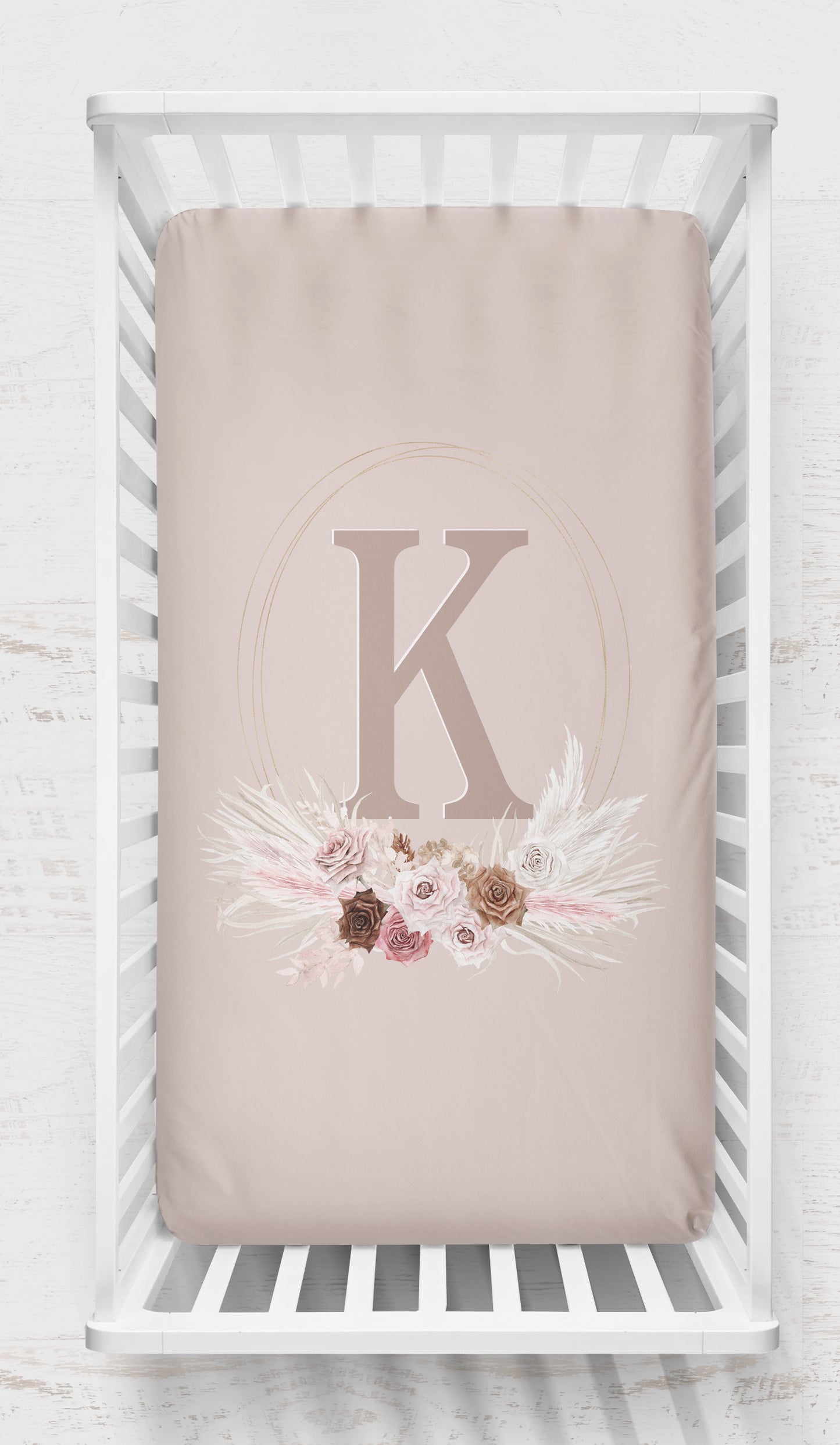 Personalized Boho Pink and Brown Floral Crib Bedding