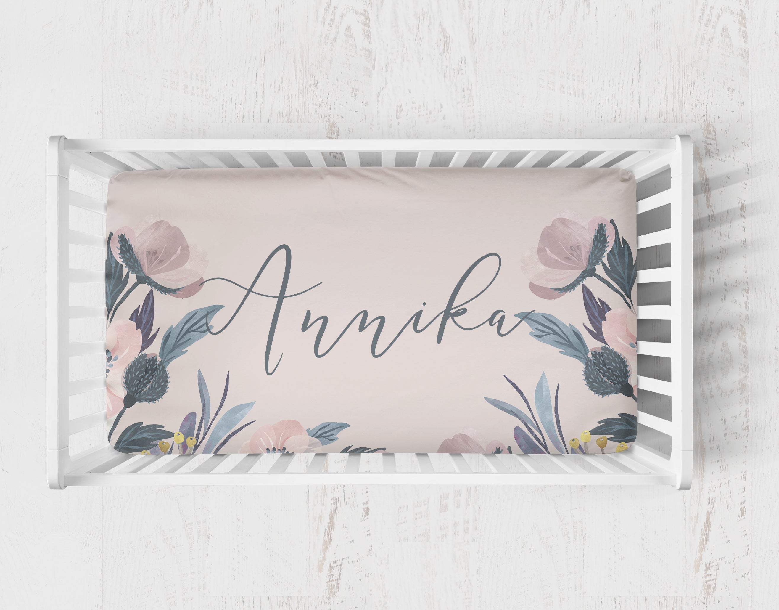Dusty Pink and Blue Floral Personalized Crib Sheet