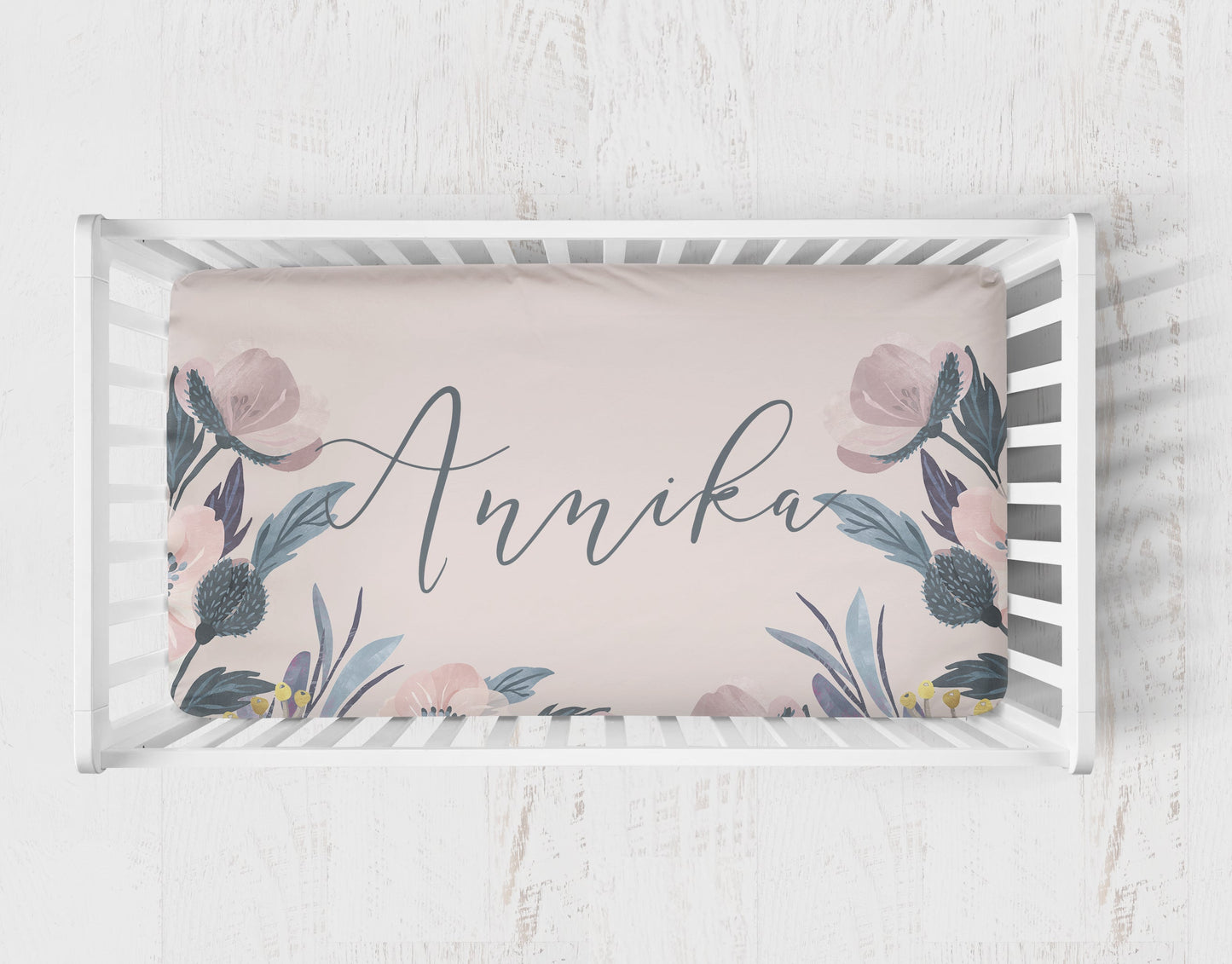 Dusty Pink and Blue Floral Personalized Crib Sheet