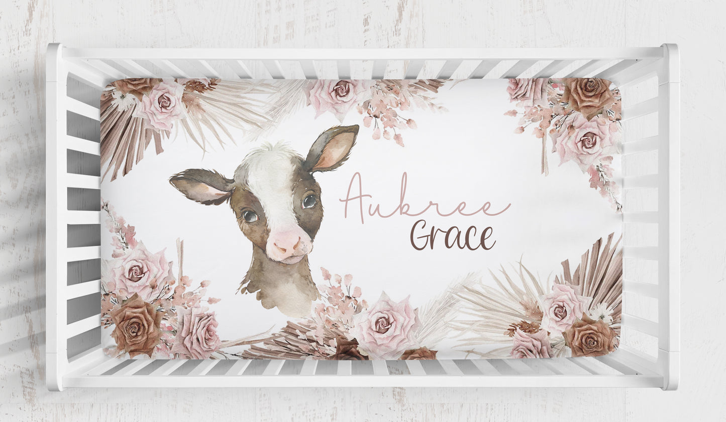 Boho Floral Cow Crib Bedding