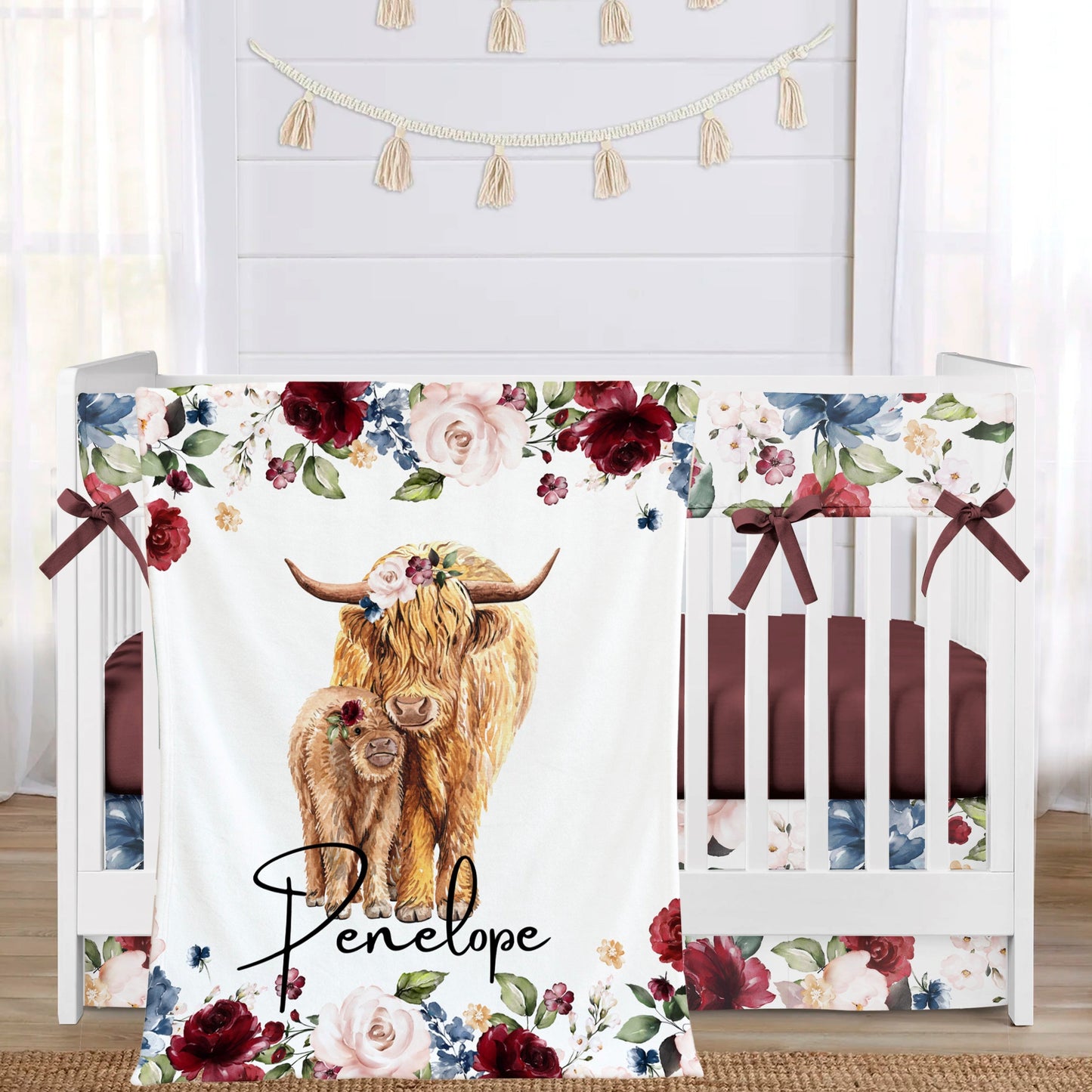 Burgundy and Blue Highland Cow Crib Bedding