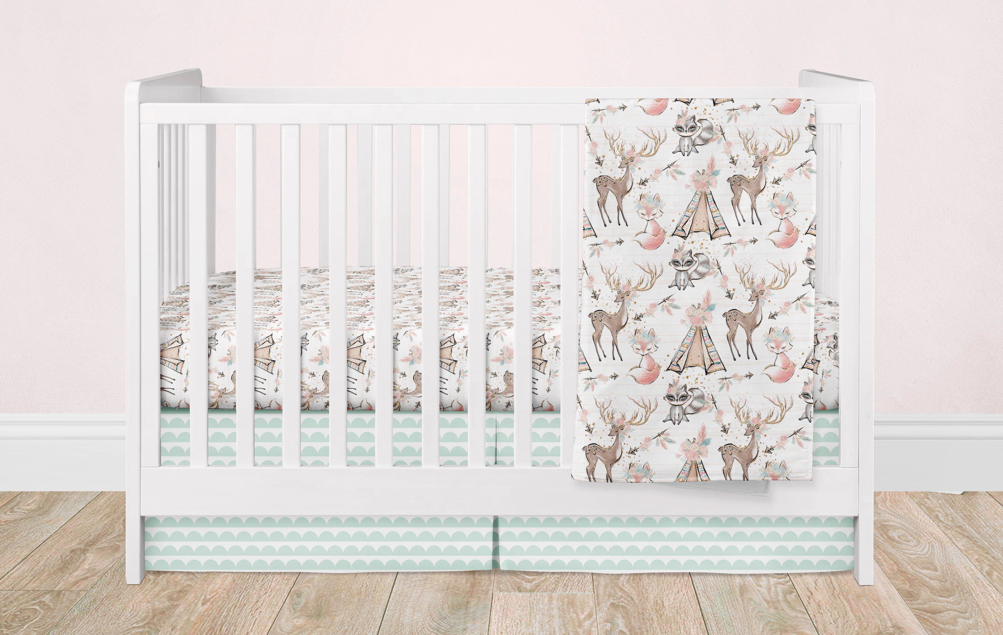 Woodland Pink and Mint Nursery Bedding