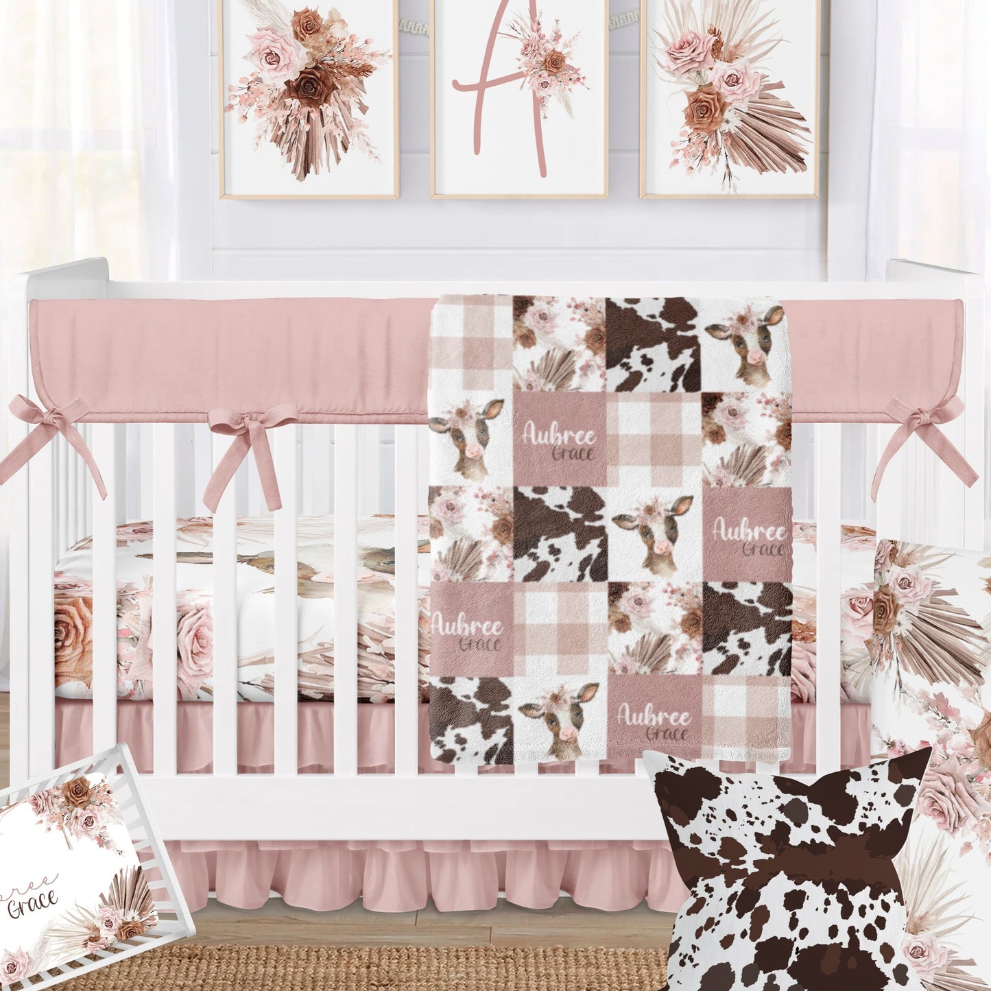 Boho Floral Cow Crib Bedding