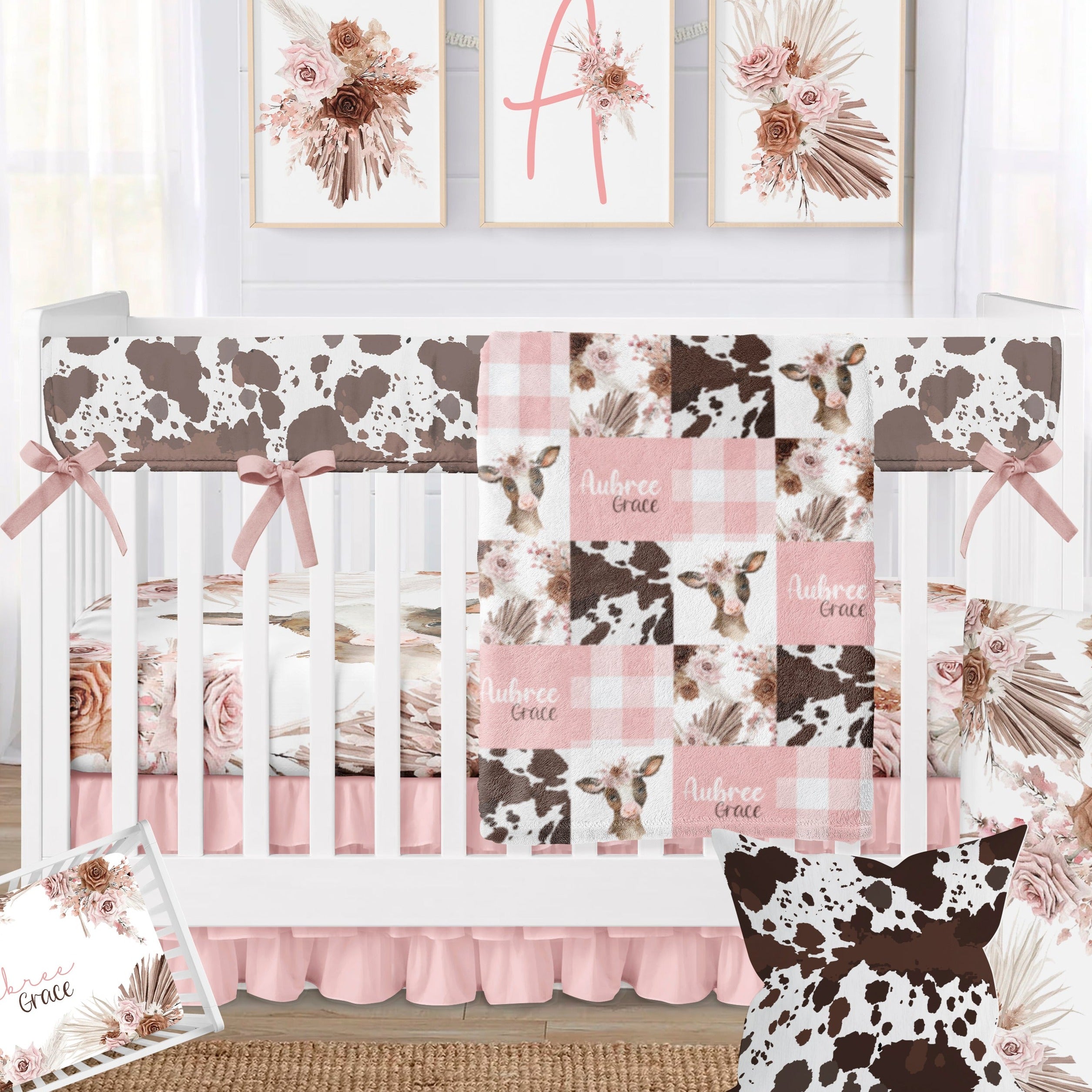 Boho Floral Pink Cow Print Crib Bedding
