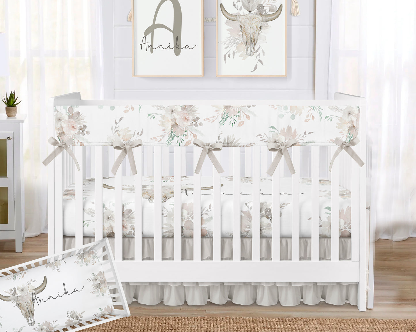 Western Neutral Floral Bull Crib Bedding