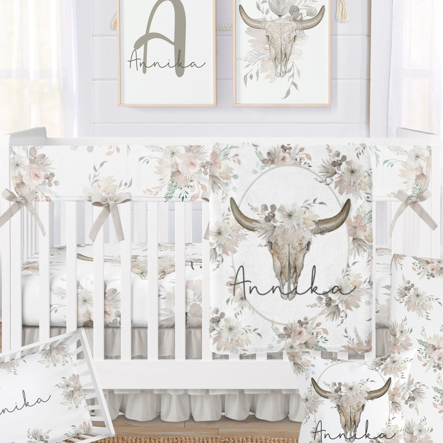 Western Neutral Floral Bull Crib Bedding