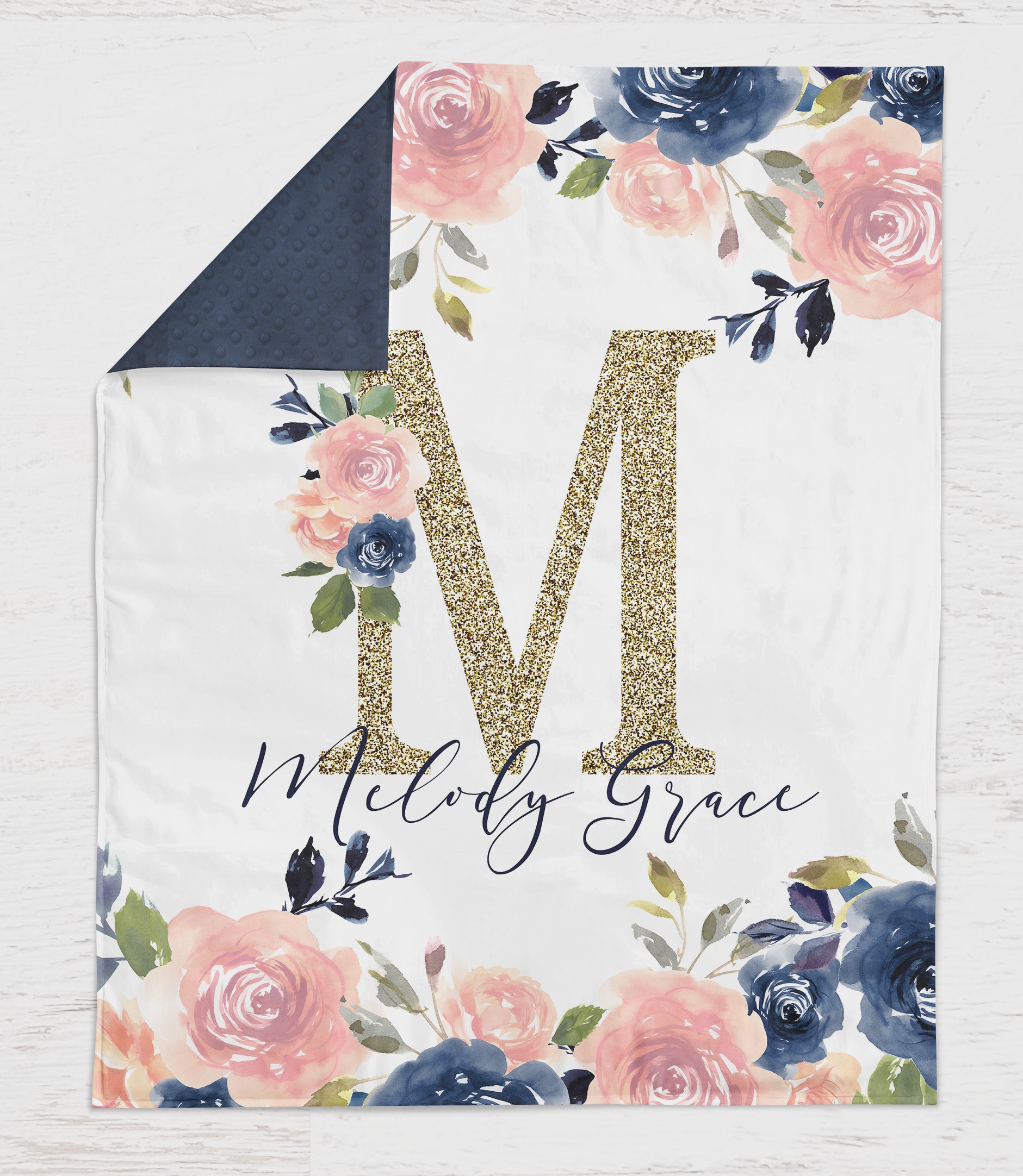Personalized Navy and Pink Floral Minky Baby Girl Blanket