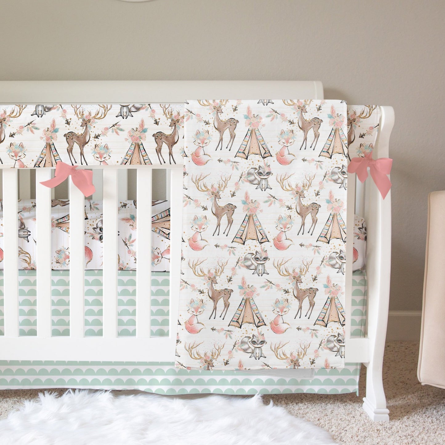 Woodland Pink and Mint Nursery Bedding