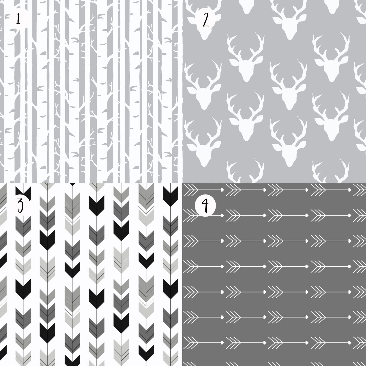 Gray Woodlands Fabric Options for Crib Bedding