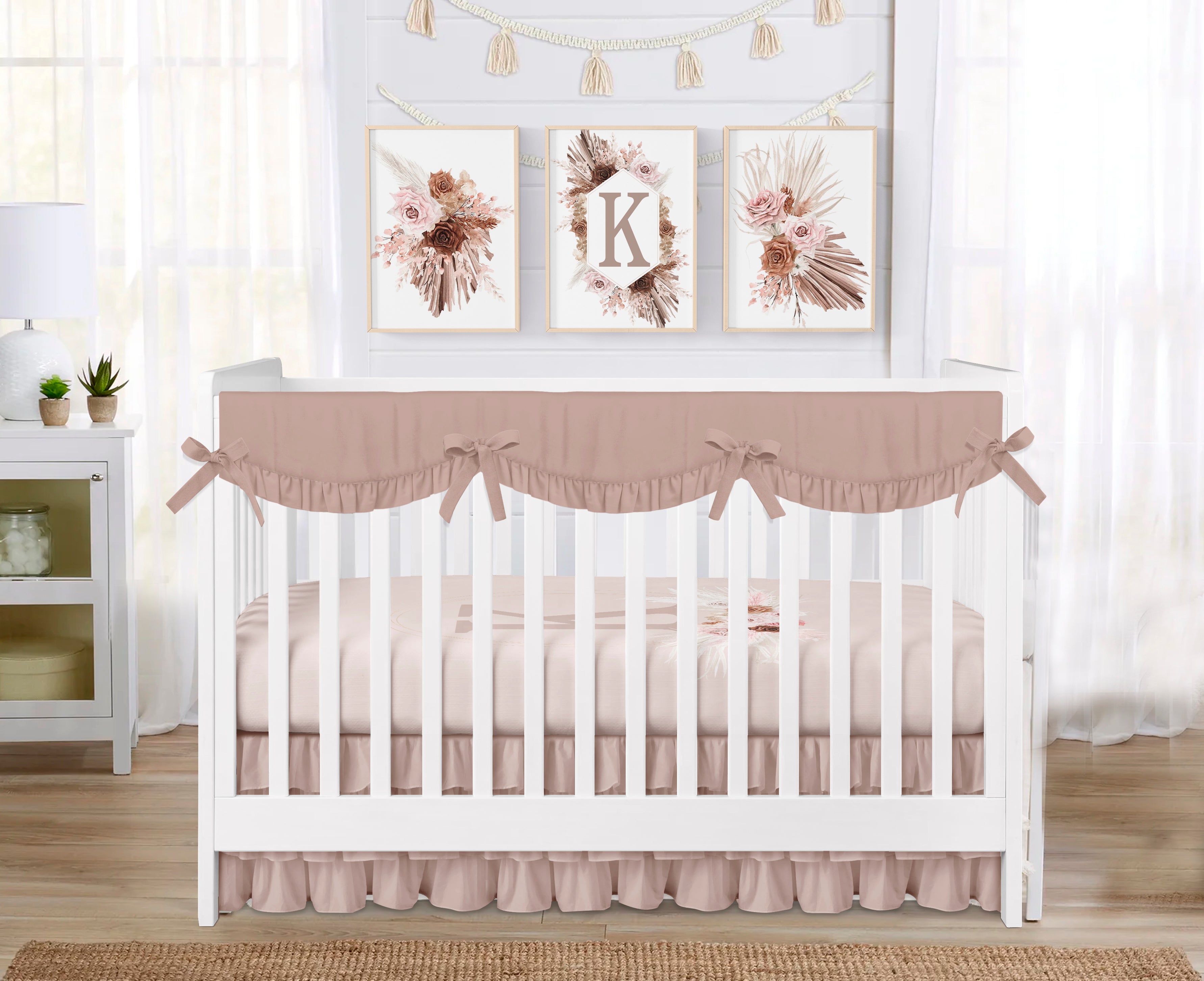 Personalized Boho Pink and Brown Floral Crib Bedding