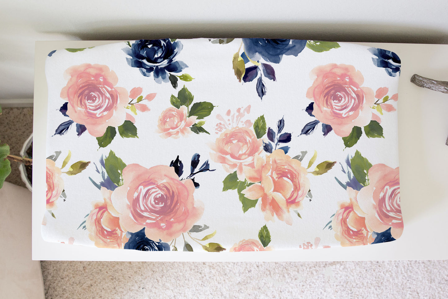 Pink and Navy Blue Watercolor Floral Crib Bedding