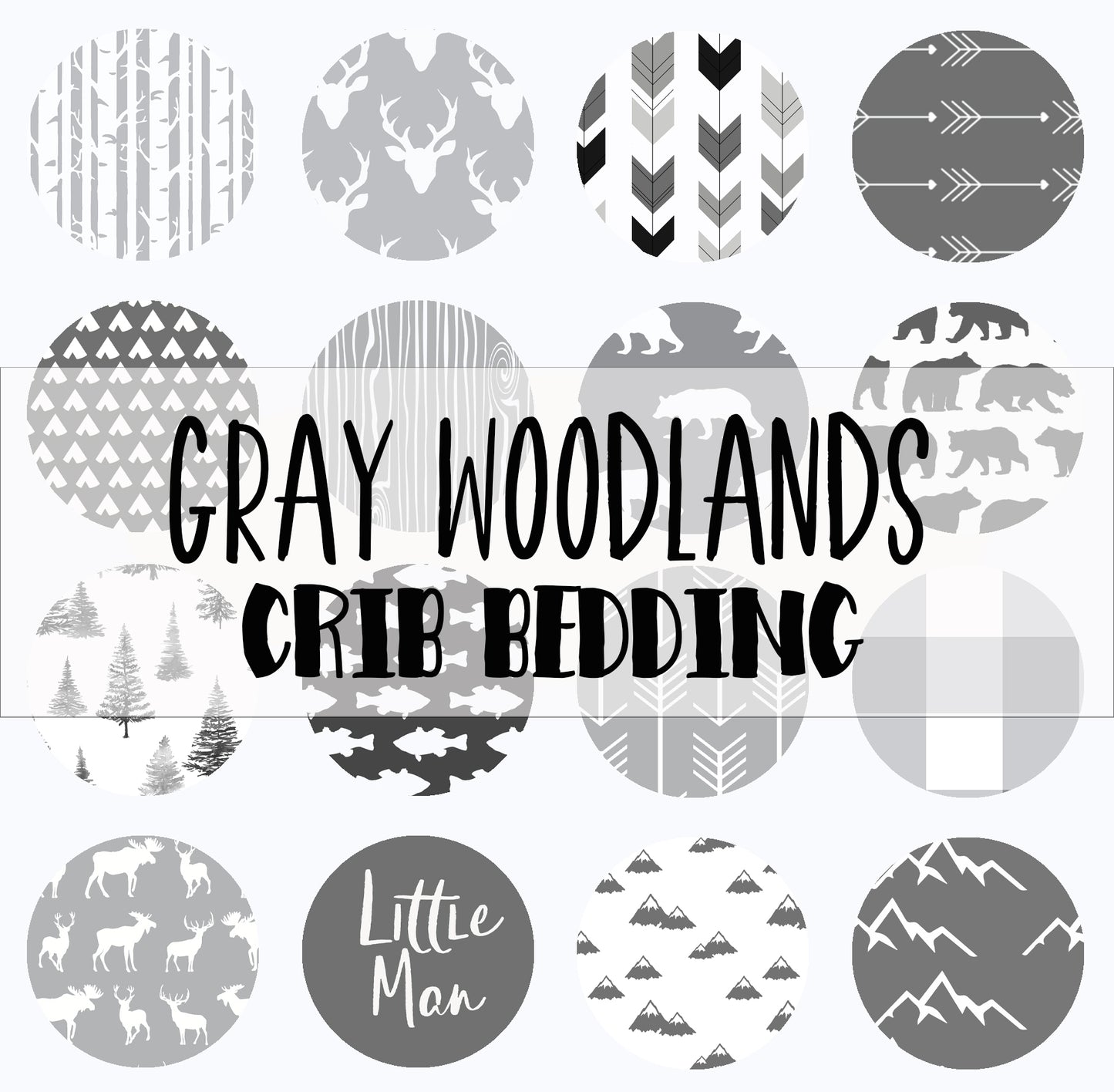 Gray Woodlands Fabric Options for Crib Bedding