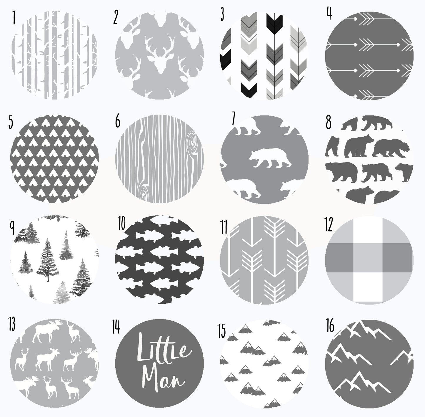 Gray Woodlands Fabric Options for Crib Bedding