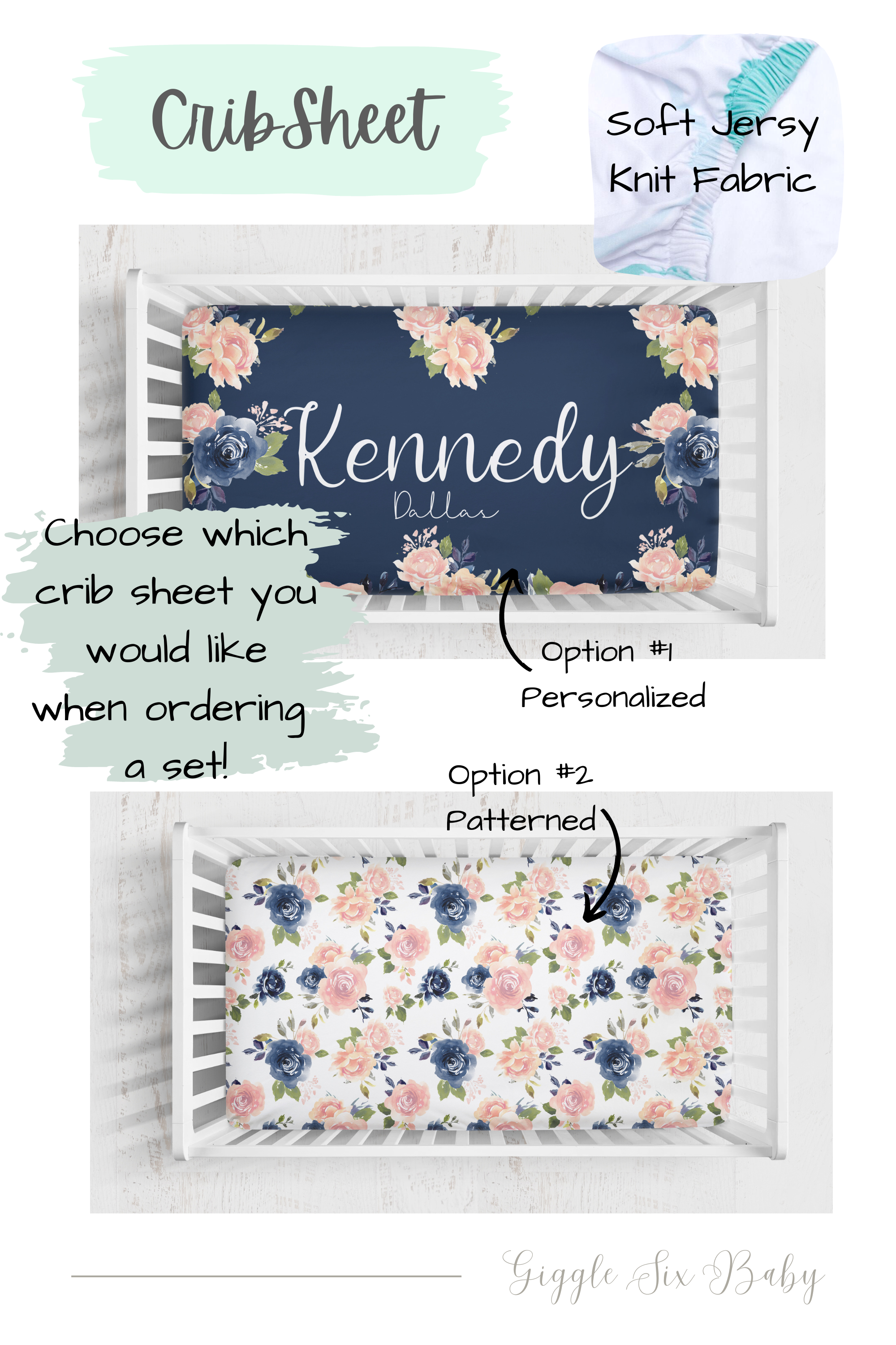 Pink and Navy Blue Watercolor Floral Crib Bedding
